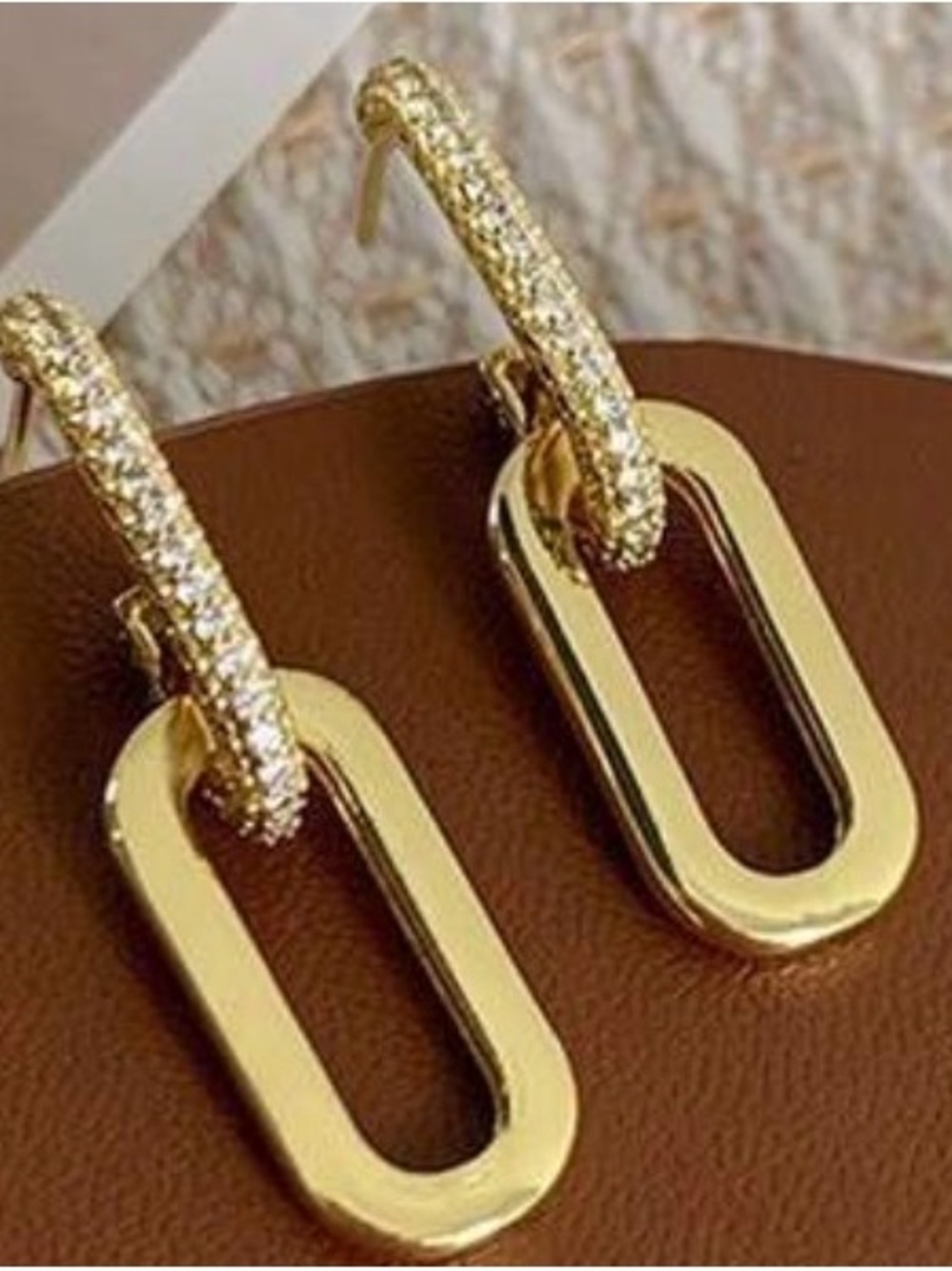 Gold Pavé Hoop Earrings with Geometric Drop - Women Jewelry